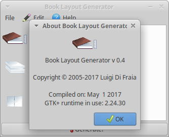 Book Layout Generator: about dialog by Luigi Di Fraia (Xubuntu Linux)